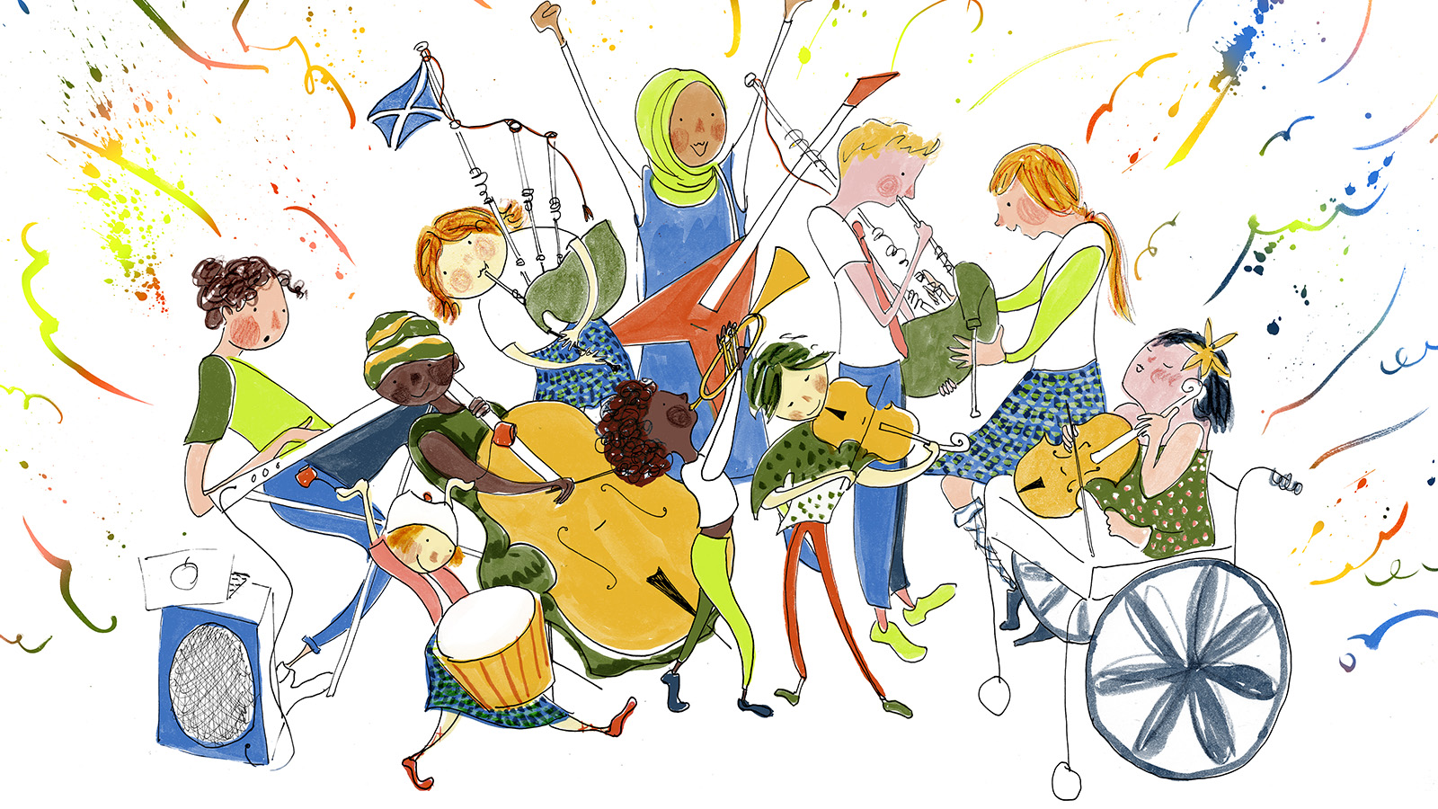 An illustration of children and young people playing lots of different instruments together in a band. They look excited and joyful and colourful streamers burst out around them making the whole image feel exciting and happy