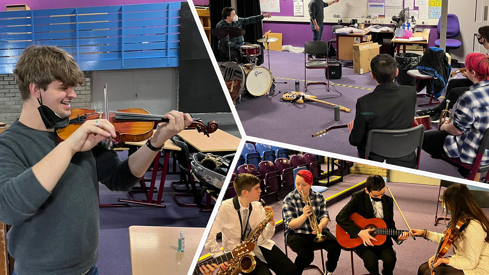 A triptych. In one image, a young man plays a violin. In another a group of students watches a teacher giving a music lesson on a whiteboard. In the third, a group of musicians are practicing playing together.