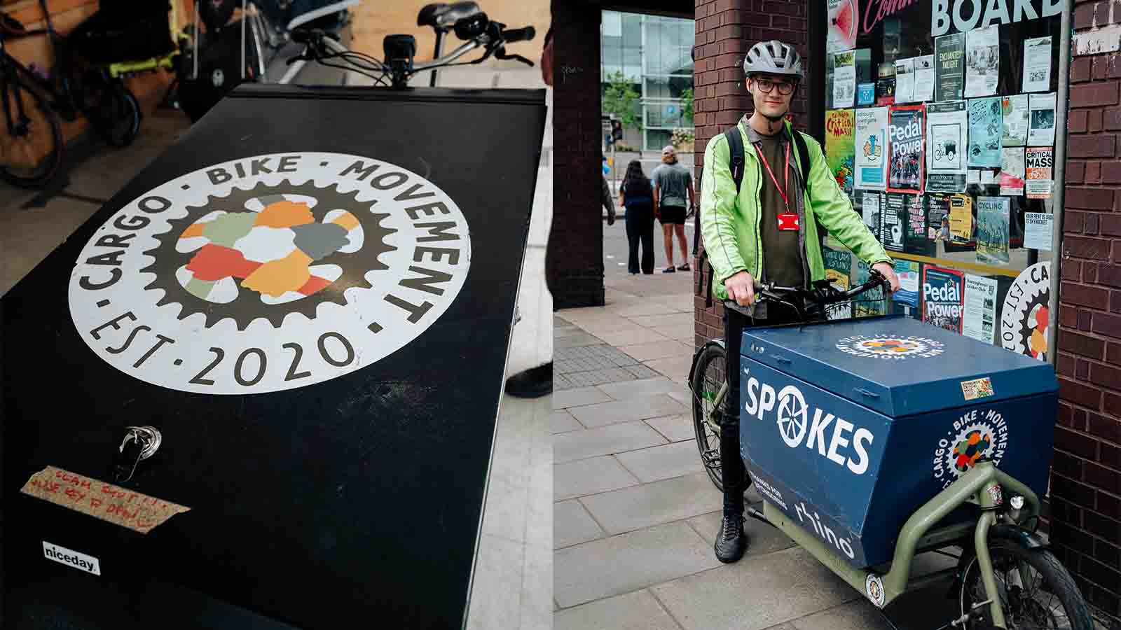 A composite image: A close-up of a cargo bike and logo that reads Cargo Bike Movement Est 2020. A man in a helmet and reflective jacket on a city street.