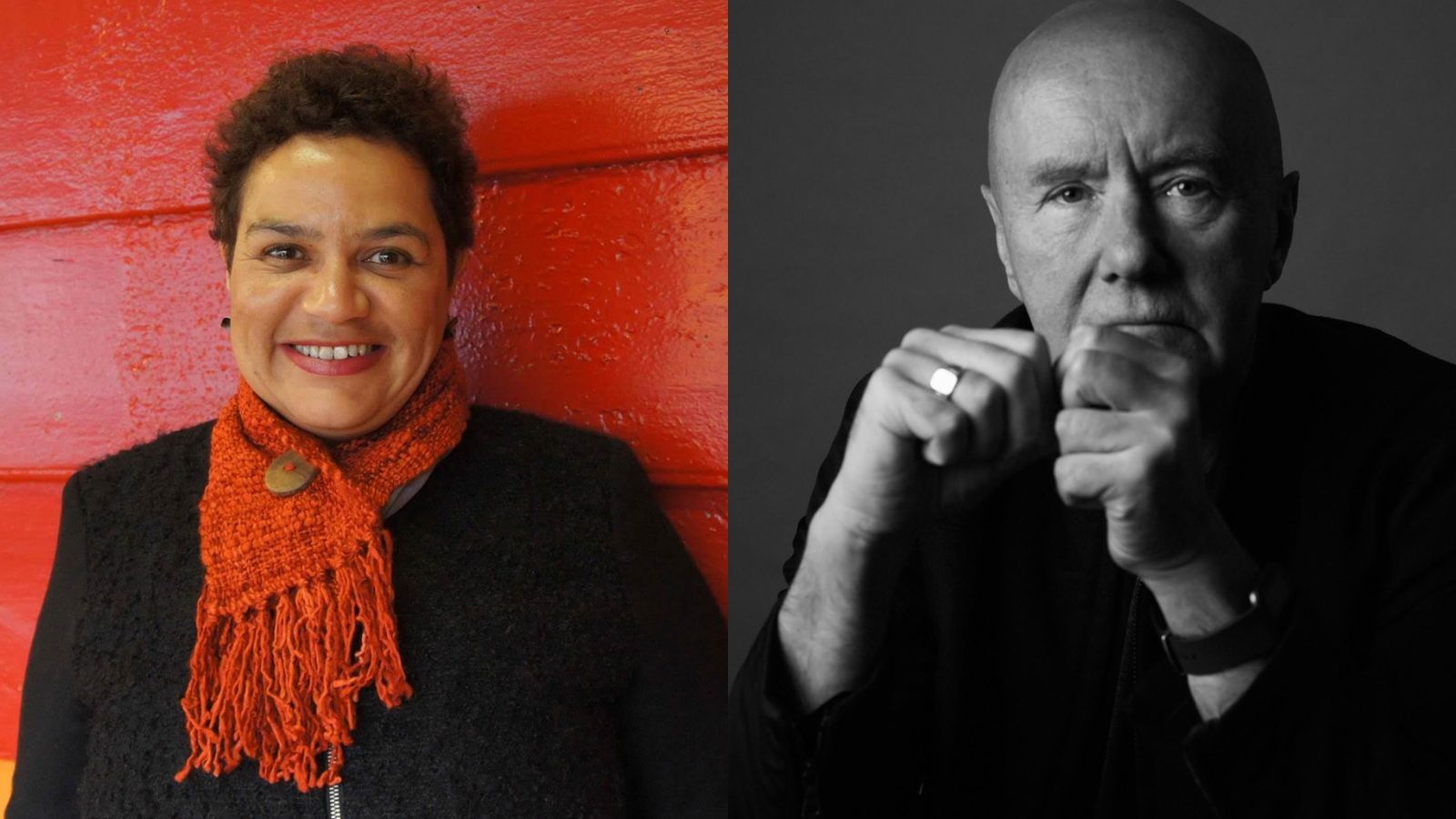 A composite image: on the left a woman pictured against a bright red background, wearing a bright red wool scarf with short brown hair and a black jacket - this is Jackie Kay. On the left a black and white stylised photography of an older man wearing a dark shirt with white hair, sitting and resting his arms on a table - this is Irvine Welsh.