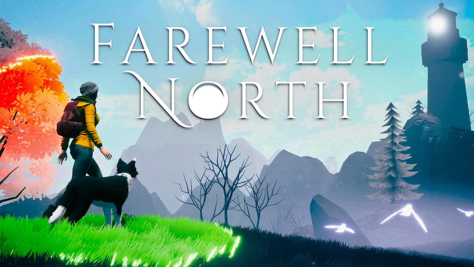 A video game landscape: on the right a dark tall lighthouse with a bright light beaming from the top; on the left a summery colourful scene with grass and trees. A woman in a yellow jacket and red backpack walks towards the tower, accompanied by a border collie dog. Text reads 'Farewell North.'