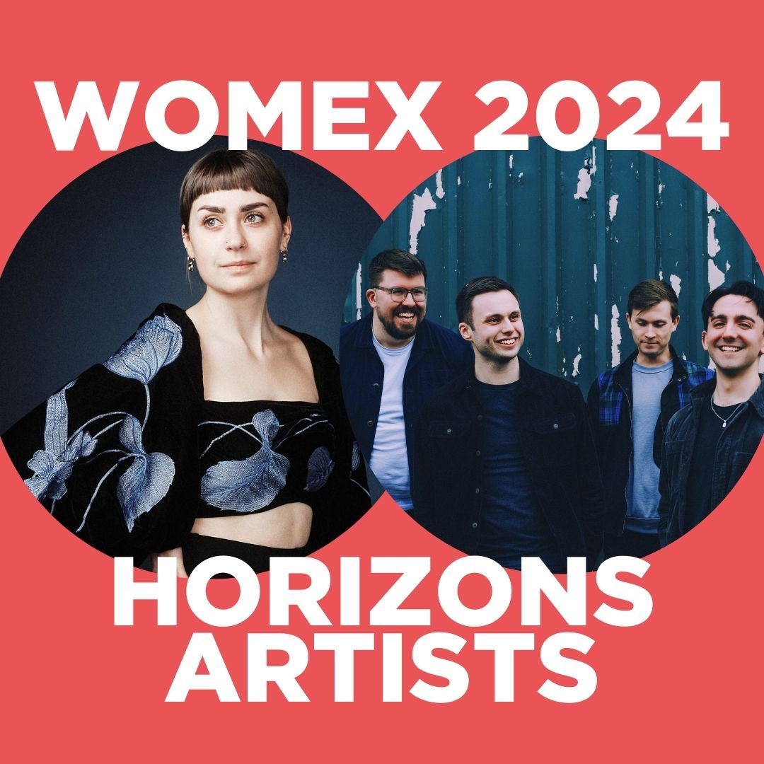 A woman with brown hair and a fringe, wearing printed flowing silky top. This is Amy Laurenson. A group of four men dressed in blues and blacks, standing together in a forest. These are the members of Gnoss. Text reads WOMEX 2024, Horizons artists.