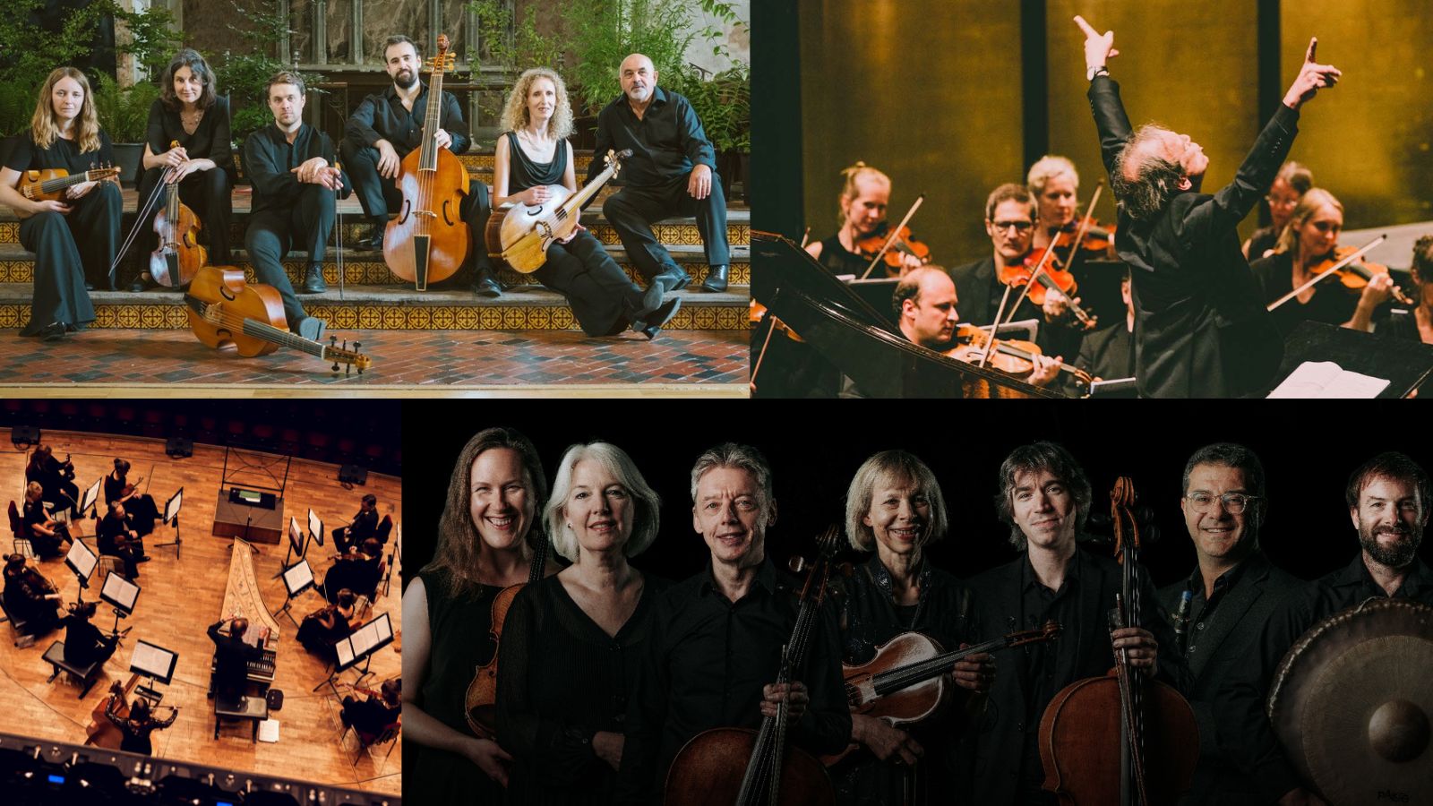 A composite image showing various musicians in professional group shots or during performances: on the top row a group of six musicians dressed in black seated on decorative mosaic steps with their instruments (violins, cellos), and a man (Lars Ulrik Mortensen) gestures passionately with his hands in the air while conducting an orchestra. On the bottom row: an aerial shot of an orchestra during a concert, and a group of seven musicians in a dark space holding their instruments (violins, violas, drums)