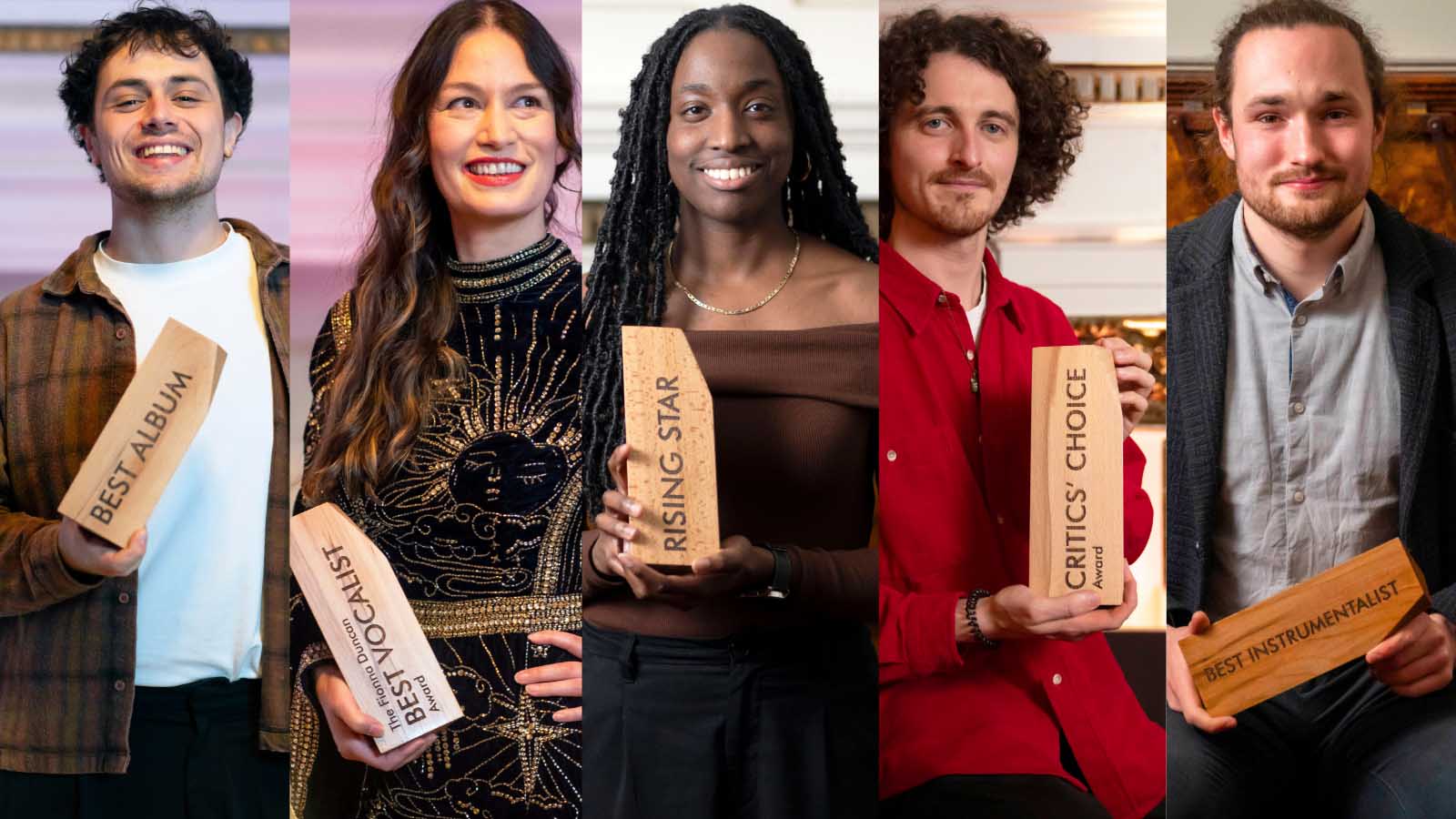 Composite image of Scottish Jazz Awards winners 2024. From left to right: A white man with short wavy brown hair wearing a white t-shirt and checked shacked holding a wooden award that reads ‘Best Album’, this is corto.alto member Liam Shortall. A white woman with long dark brown hair and soft highlights wearing a black dress and gold threaded embroidery and holding a wooden award that reads ‘The Fionna Duncan Best Vocalist Award’, this is Nikki King. A Black woman with long dark hair styled in locks, wearing a gold necklace and soft red roll neck off shoulder sweater and holding a wooden award that reads ‘Rising Star’, this is Laura Oghagbon. A white man with short curly brown hair, wearing a red shirt and holding an award that reads ‘Critics’ Choice award’, this is Modern Vikings’ drummer Stephen Henderson. A white man with brown hair pulled back off his face, and a beard, wearing a light blue shirt and dark blue wool cardigan, holding a wooden award that reads ‘Best Instrumentalist’, this is Fergus McCreadie.