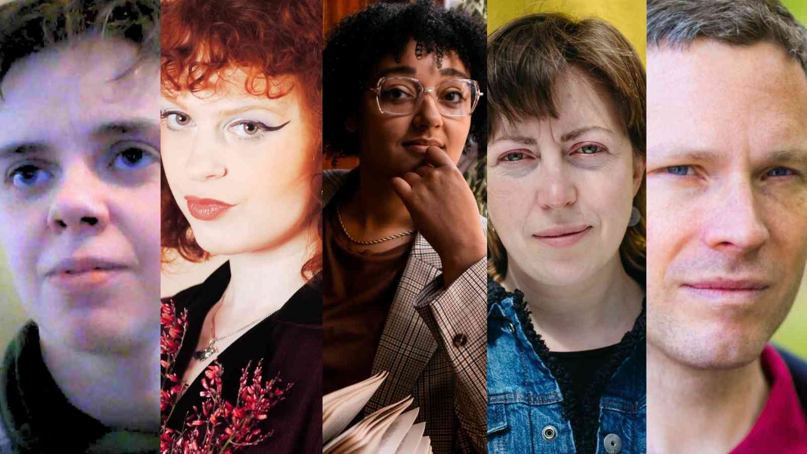 A composite of headshots of the authors Shortlisted for the First Book Award at Scotland’s National Book Awards 2024. From left to right: A woman with white skin, short brown hair looking up off to her left, this is Nuala Watt; A woman with white skin, long black eyeliner and dark red curly hair, this is Genevieve Jagger; A woman with dark skin, black curly hair and glasses sitting with a book in her hands, this is Elle Machray; A woman with white skin and a short fringe and brown hair, this is Jen Stout; A man with white skin and very short greyish hair, this is Allan Radcliffe.