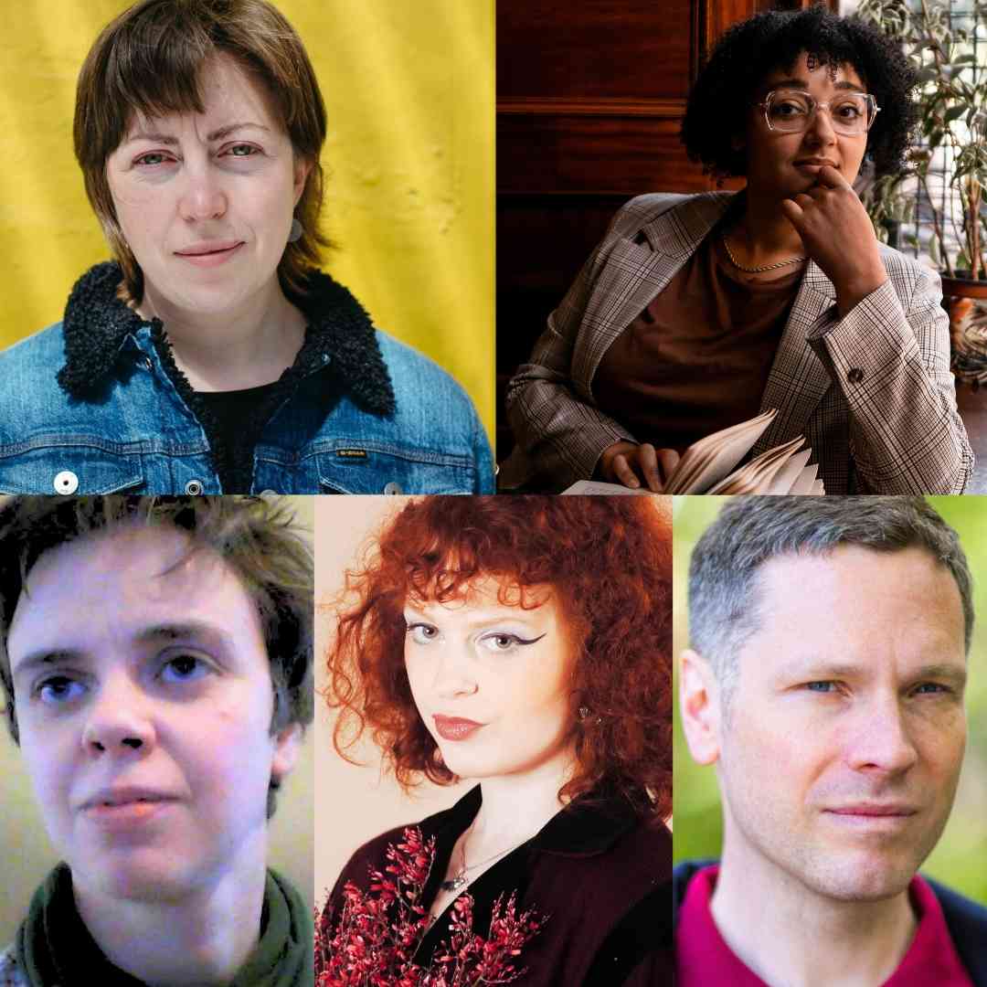 A composite of headshots of the authors Shortlisted for the First Book Award at Scotland’s National Book Awards 2024. Top row from left to right: A woman with white skin and a short fringe and brown hair, this is Jen Stout; A woman with dark skin, black curly hair and glasses sitting with a book in her hands, this is Elle Machray. Bottom row left to right: A woman with white skin, short brown hair looking up off to her left, this is Nuala Watt; A woman with white skin, long black eyeliner and dark red curly hair, this is Genevieve Jagger; A man with white skin and very short greyish hair, this is Allan Radcliffe.