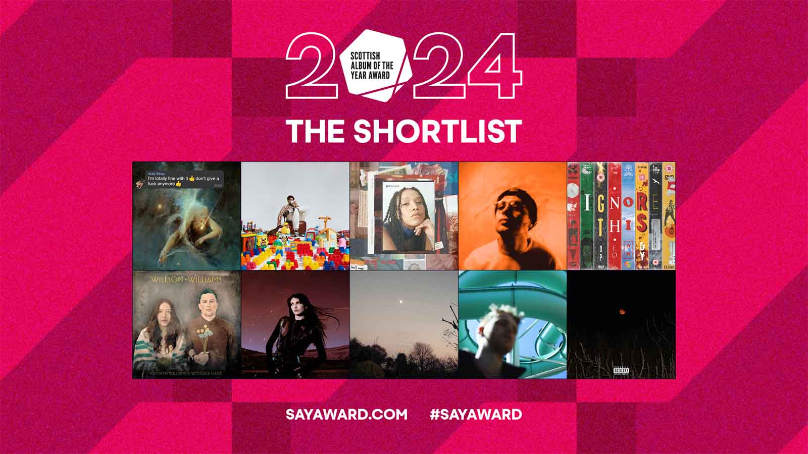 Scottish Album of the Year 2024 Shortlist. Composite images of the artist's shortlisted for the SAY awards, pictured against a red background.