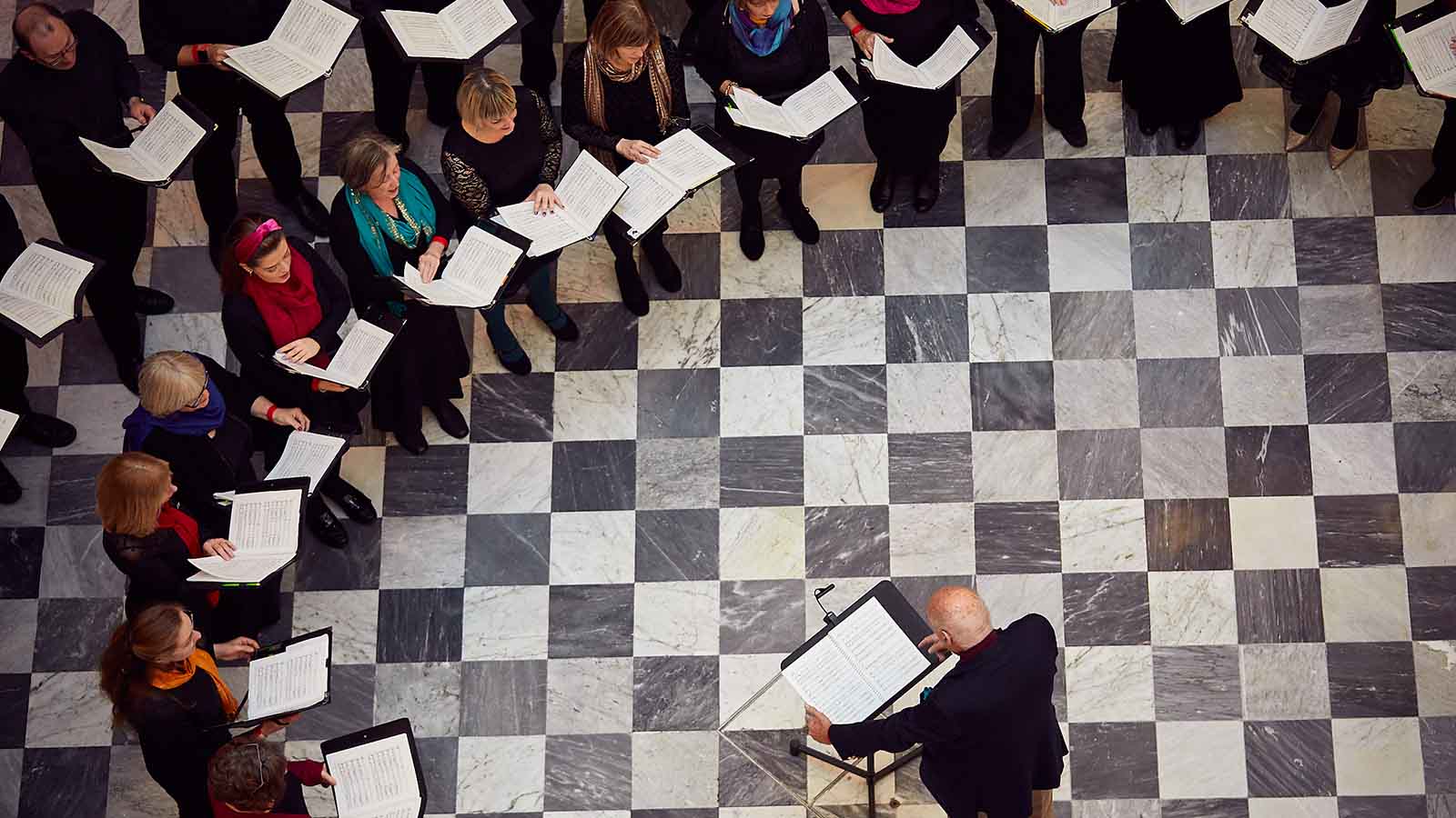 An aerial shot of a choir singing