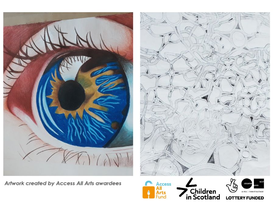 A composite image of two hand drawn images: on the left is a close up of an eye, painted, and on the right is a line sketch of a map