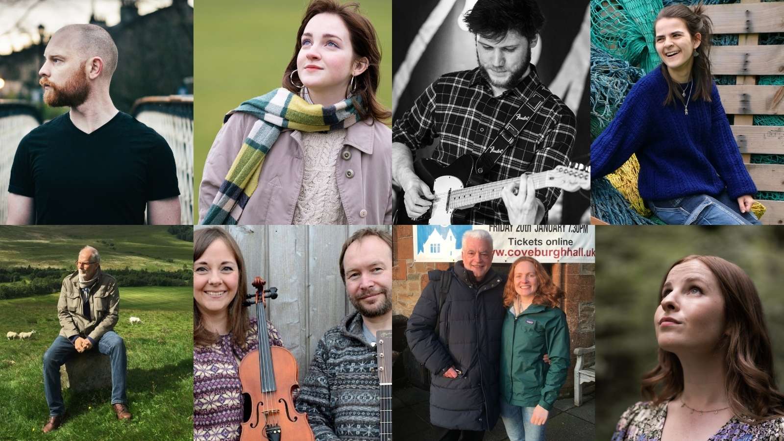 Photos of the grants of wee grants recipients. Top row from left to right: A bald white man in black t-shirt, this is Seán Gray. A woman with short brown hair wearing a teal and green scarf, this is Kate Wilson. A black and white image of a man in a dark chequered shirt playing a guitar, this is Dorian Cloudsley. A woman in a bright blue jumper sitting on a pile of colourful fishing nets. Bottom row from left to right - A man in jeans and a jacket sitting on a stone in the middle of a green field with sheep grazing in the background, this is Jim Mackintosh. A woman with shoulder-length brown hair holding a violin and a man with very short brown hair holding a guitar, this is Claire White and Robbie Leask. A man in a cosy blue puffer coat with white hair and a woman in a green waterproof jacket with shoulder length red hair, this is Billy Kay and Robyn Stapleton. A woman with short brown hair in forest, gazing up at the sky, this is Beth Malcolm.