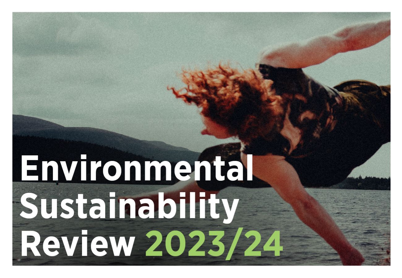 A person leaps joyfully in front of the sea as the light shines on them, with text that reads Environmental Sustainability Review 2023/24