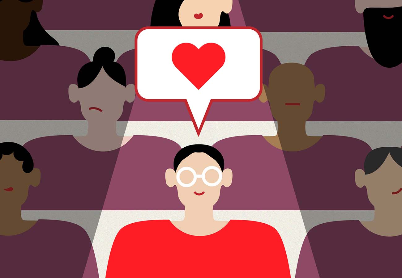 A cartoon graphic of a woman in a bright red jumper with a heart icon above her head in a speech bubble.