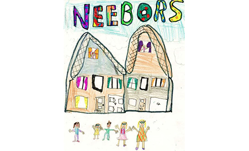 A children's drawing of two houses with the word Neebors over the top